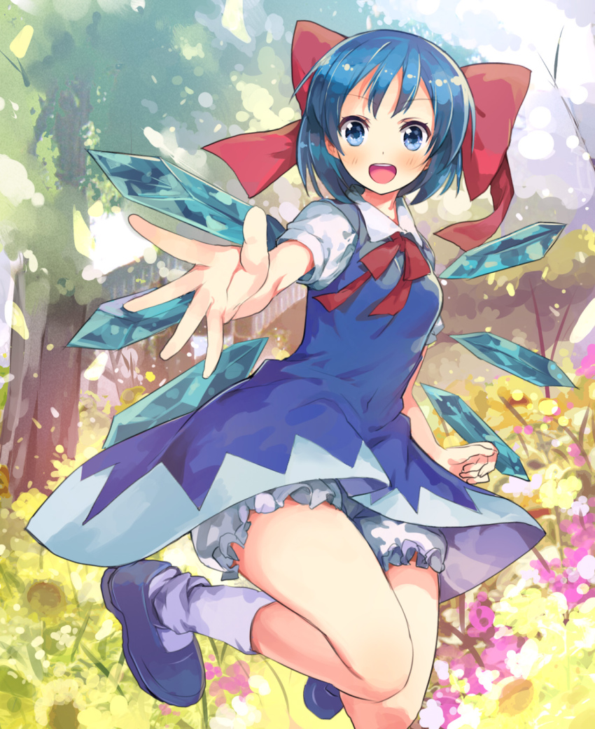 1girl :d bloomers blue_eyes blue_hair blush bow cirno dress female_focus hair_bow highres matching_hair/eyes mizuta_kenji open_mouth outstretched_arm outstretched_hand ribbon short_hair smile solo touhou underwear wings