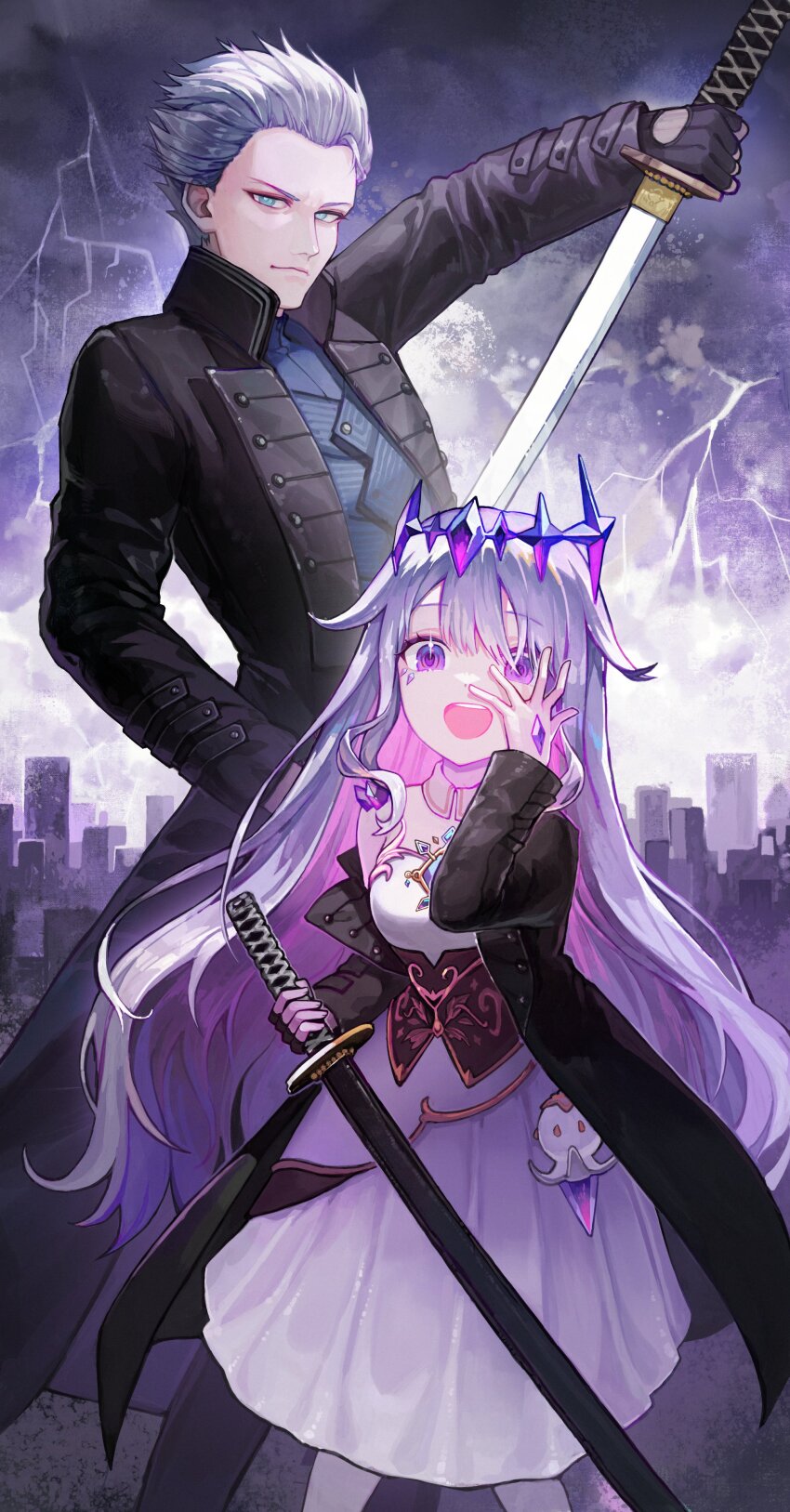 1boy 1girl :d absurdres black_coat black_corset blue_eyes blue_shirt chest_jewel chuunibyou circlet cityscape cloud cloudy_sky coat colored_inner_hair corset devil_may_cry_(series) devil_may_cry_5 dress face_jewel fingerless_gloves gem gloves grey_hair hair_flaps hair_slicked_back hand_jewel hand_over_eye happyongdal highres holding holding_sword holding_weapon hololive hololive_english jewel_under_eye katana koseki_bijou koseki_bijou_(1st_costume) leggings lightning material_growth multicolored_gemstone multicolored_hair open_mouth pink_hair purple_eyes purple_gemstone purple_hair shirt single_off_shoulder sky smile sword teeth upper_teeth_only vergil_(devil_may_cry) virtual_youtuber weapon white_dress white_hair white_leggings yamato_(sword)