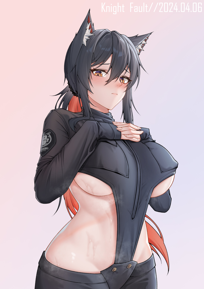 1girl absurdres animal_ear_fluff animal_ears arknights artist_name black_hair black_shirt blush breast_pocket breasts commentary_request cowboy_shot dated gradient_background hair_between_eyes hands_on_own_breasts highres interlocked_fingers knight_fault large_breasts looking_at_viewer multicolored_hair orange_eyes own_hands_together patch pocket ponytail red_hair shirt shoulder_patch sidelocks solo sweat texas_(arknights) underboob wolf_ears wolf_girl