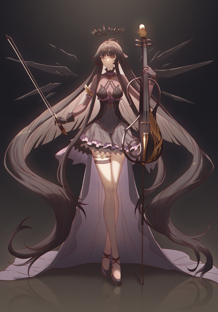 1girl absurdly_long_hair absurdres antenna_hair arknights armlet black_collar black_dress black_eyes black_footwear black_gloves black_hair black_halo black_wings bodystocking bow_(music) breasts breasts_apart broken_halo brooch cello chromatic_aberration closed_mouth collar collarbone colored_inner_hair commentary crossed_legs dark_halo detached_wings dress energy_wings eyeliner frilled_collar frills full_body glint gloves grey_hair halo hand_up high-low_skirt high_heels highres holding holding_bow_(music) holding_instrument innoarukugyou instrument jewelry knees layered_dress legs light_particles lips long_hair long_sleeves looking_at_viewer makeup medium_breasts mole mole_under_eye multicolored_hair official_alternate_costume red_eyeliner reflection see-through_clothes shade sidelocks skin_tight smile solo standing strappy_heels symbol-only_commentary thigh_strap thighs two-tone_hair very_long_hair virtuosa_(arknights) virtuosa_(diversity_oneness)_(arknights) wings yellow_pupils