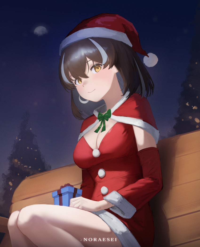 1girl arknights bench breasts brown_eyes brown_hair capelet christmas_present christmas_tree cleavage closed_mouth dress fur-trimmed_capelet fur-trimmed_dress fur-trimmed_headwear fur_trim gift hat highres magallan_(arknights) medium_breasts moon multicolored_hair night noraesei outdoors red_capelet red_dress santa_dress santa_hat sitting smile solo two-tone_hair white_hair