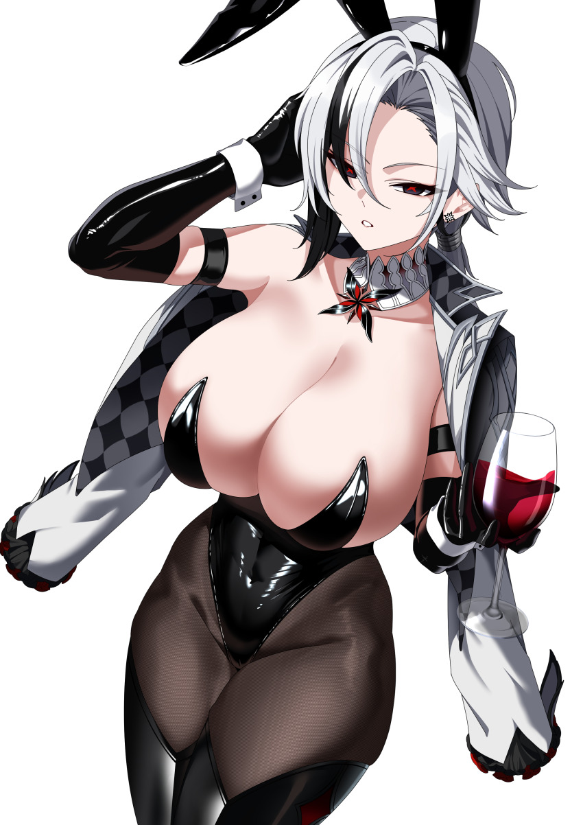 1girl absurdres animal_ears arlecchino_(genshin_impact) black_eyes black_gloves black_hair black_pantyhose boots breasts cleavage covered_navel cup drinking_glass dutch_angle earrings elbow_gloves fake_animal_ears genshin_impact gloves grey_hair highres holding holding_cup huge_breasts jacket jacket_on_shoulders jewelry leotard long_hair multicolored_hair pantyhose parted_lips playboy_bunny ponytail rabbit_ears simple_background solo tewaki thigh_boots thighs two-tone_hair white_background wine_glass x_x