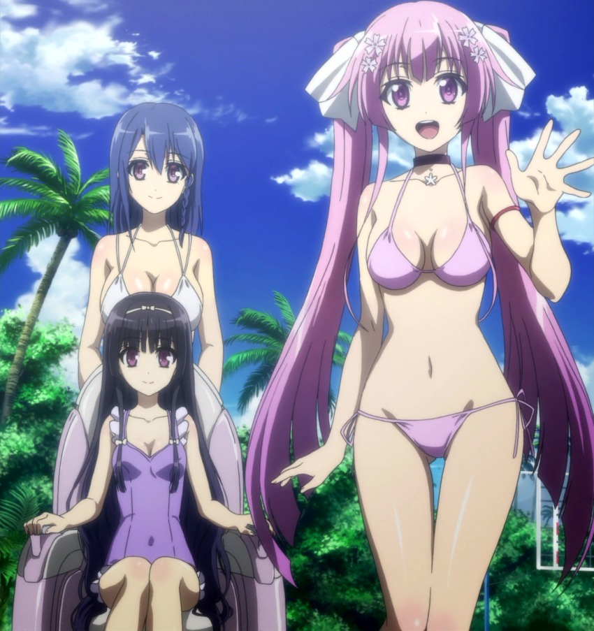 10s 3girls anime_screenshot bikini black_hair bra breasts cleavage highres hundred_(light_novel) kashiwagi_miharu kirishima_sakura_(hundred) kisaragi_karen large_breasts long_hair looking_at_viewer multiple_girls open_mouth panties pink_hair purple_eyes small_breasts smile standing stitched summer swimsuit third-party_edit underwear