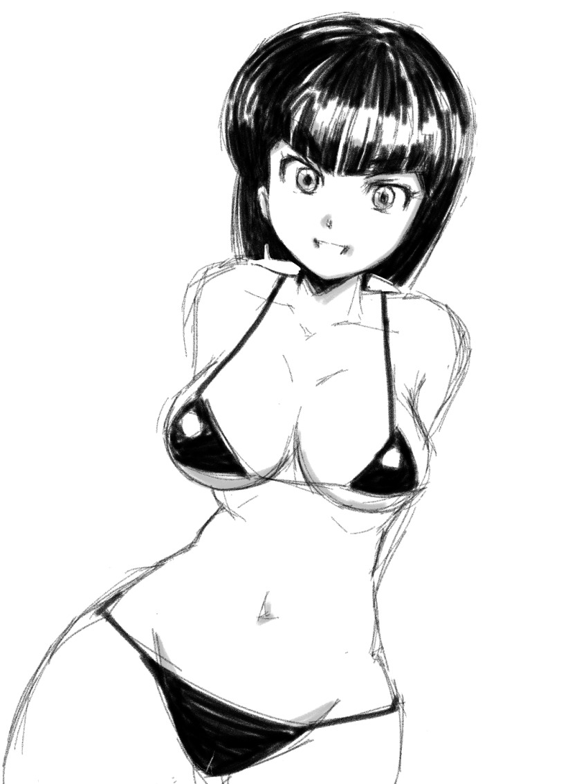 1girl :d arms_behind_back bare_shoulders bikini black_bikini blunt_bangs blunt_ends bob_cut breasts cleavage collarbone commentary curvy greyscale grin groin highres large_breasts leaning_to_the_side looking_at_viewer lowleg lowleg_bikini micro_bikini monochrome navel open_mouth ponkotsu155 ranma_1/2 shiny_swimsuit short_hair sideboob simple_background sketch smile solo string_bikini swimsuit tendou_nabiki thong thong_bikini underboob white_background wide_hips