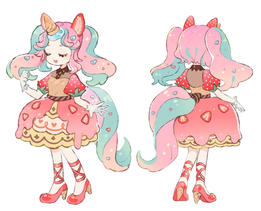 1girl animal_ears aqua_hair back_bow bow brown_shirt closed_eyes collared_shirt commentary_request facing_away facing_viewer fake_animal_ears fake_horns food food-themed_clothes food-themed_hair_ornament food_print fruit full_body gloves hair_ornament hand_up heart heart_hair_ornament highres horns horse_tail ice_cream_cone lolita_fashion multicolored_hair multicolored_skirt multiple_views open_mouth original parted_bangs pink_hair pink_skirt puffy_short_sleeves puffy_sleeves red_shoes reference_sheet shirt shoes short_sleeves simple_background skirt smile sorata123 standing strawberry strawberry_print strawberry_slice sweet_lolita tail tail_ornament twintails two-tone_hair unicorn_girl unicorn_horn white_background white_gloves