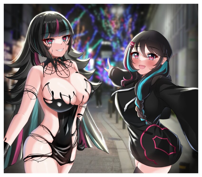 2girls black_dress black_hair black_liquid black_nails black_thighhighs blue_eyes blue_hair blurry blurry_background braid braided_ponytail breasts christmas christmas_lights claws cleavage constricted_pupils detached_collar dress dual_persona emma_llama hair_ornament highres hood hoodie indie_virtual_youtuber large_breasts liquid_clothes liquid_from_eyes long_hair looking_at_viewer multicolored_hair multiple_girls no_pants open_mouth pink_eyes pink_hair pointing pointing_forward sharp_teeth side_ponytail smile streaked_hair teeth thighhighs town two-tone_eyes valella_moon virtual_youtuber wide_sleeves x_hair_ornament