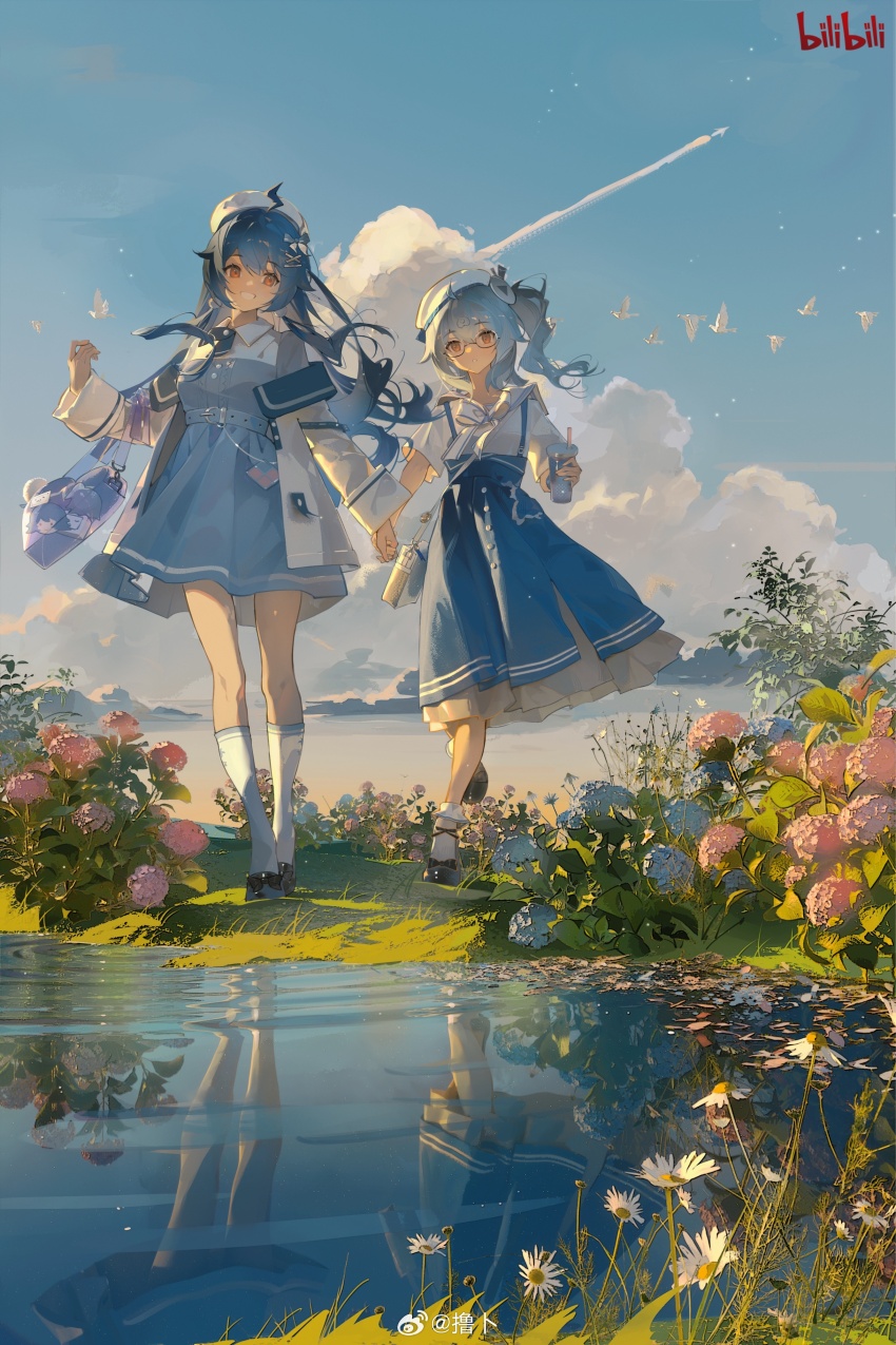 22_(sailing_era) 2girls 33_(sailing_era) absurdres ahoge bag belt bilibili_logo bird black_footwear blue_dress blue_flower blue_hair blue_skirt blue_sky bow cloud daisy day dress drink flower glasses grin hat highres holding holding_drink holding_hands hydrangea jacket long_hair long_skirt long_sleeves multiple_girls off_shoulder open_clothes open_jacket outdoors pink_flower puddle red_eyes reflection reflective_water sailing_era sailor_collar sailor_hat shirt short_dress short_sleeves shoulder_bag side_ponytail skirt sky smile socks standing suspender_skirt suspenders toto_(caaaaarrot) walking white_bird white_bow white_flower white_hat white_jacket white_shirt white_socks