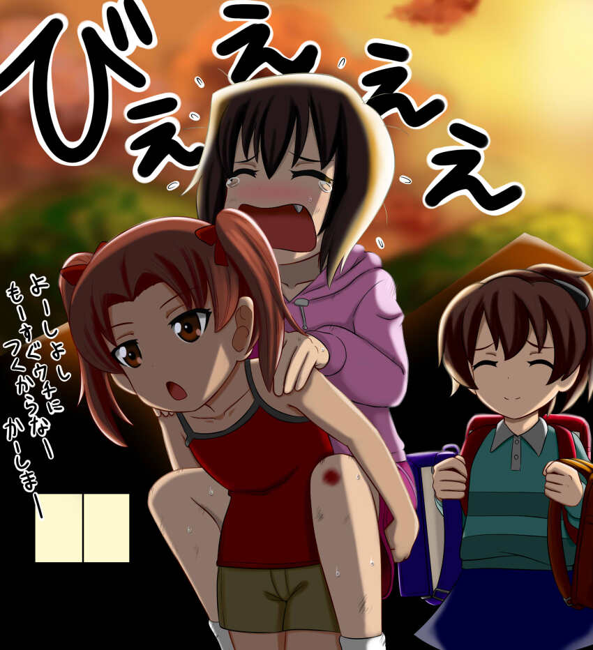 3girls aged_down backpack bag black_hair blue_shirt blue_skirt blurry blurry_background brown_hair brown_shoes camisole carrying child closed_eyes commentary crying depth_of_field dirty drawstring fang flying_sweatdrops girls_und_panzer hands_on_another&#039;s_shoulders highres hood hood_down hoodie kadotani_anzu kawashima_momo koyama_yuzu long_sleeves megi2009 miniskirt multiple_girls open_mouth outdoors piggyback pink_hoodie polo_shirt ponytail purple_skirt randoseru red_camisole red_eyes red_hair scraped_knee shirt shoes short_hair short_twintails skirt socks standing sunset sweat translated twintails white_socks