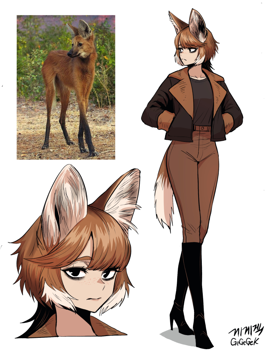 1girl animal animal_ear_fluff animal_ears boots brown_hair creature_and_personification full_body gegegekman gradient_hair highres jacket large_ears maned_wolf multicolored_hair original pants personification reference_inset shirt short_hair standing tail thigh_boots two-tone_hair white_background white_hair wolf wolf_ears wolf_girl wolf_tail