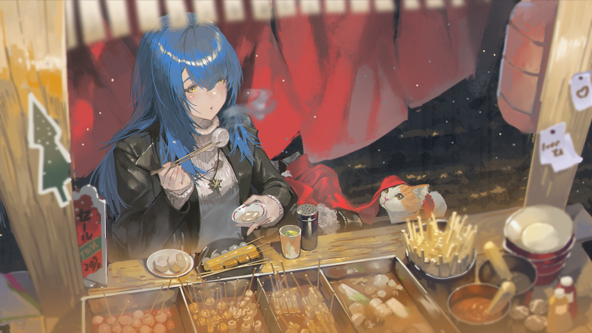 1girl black_jacket blue_hair bottle bowl cat chopsticks christmas christmas_tree commentary crossed_bangs cup english_commentary food food_stand from_above hair_between_eyes hair_over_shoulder highres holding holding_chopsticks holding_saucer jacket jewelry kebab long_hair looking_at_another mortar_(bowl) necklace open_clothes open_jacket orange_eyes original pestle plate red_ribbon ribbon saucer sitting skewer solo sticky_note sweater turtleneck turtleneck_sweater xleontan yellow_eyes