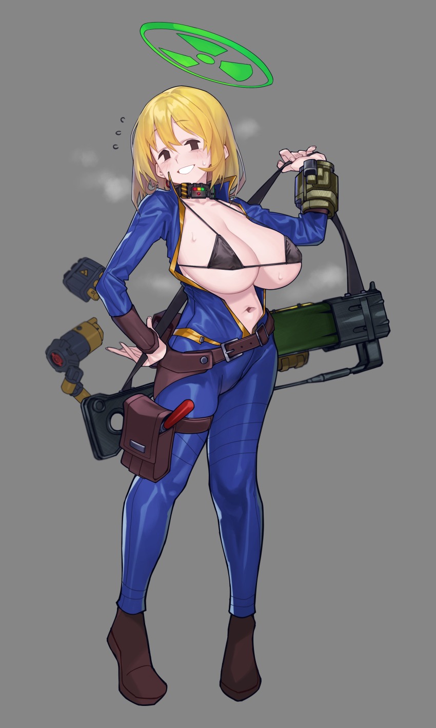 1girl absurdres belt bikini black_bikini black_eyes blonde_hair bodysuit breasts cleavage commentary english_commentary fallout_(series) fallout_4 flying_sweatdrops full_body grey_background grin gun halo highres large_breasts looking_at_viewer medium_hair navel simple_background smile solo sweat swimsuit vault_girl vault_suit waa153 weapon wrist_computer