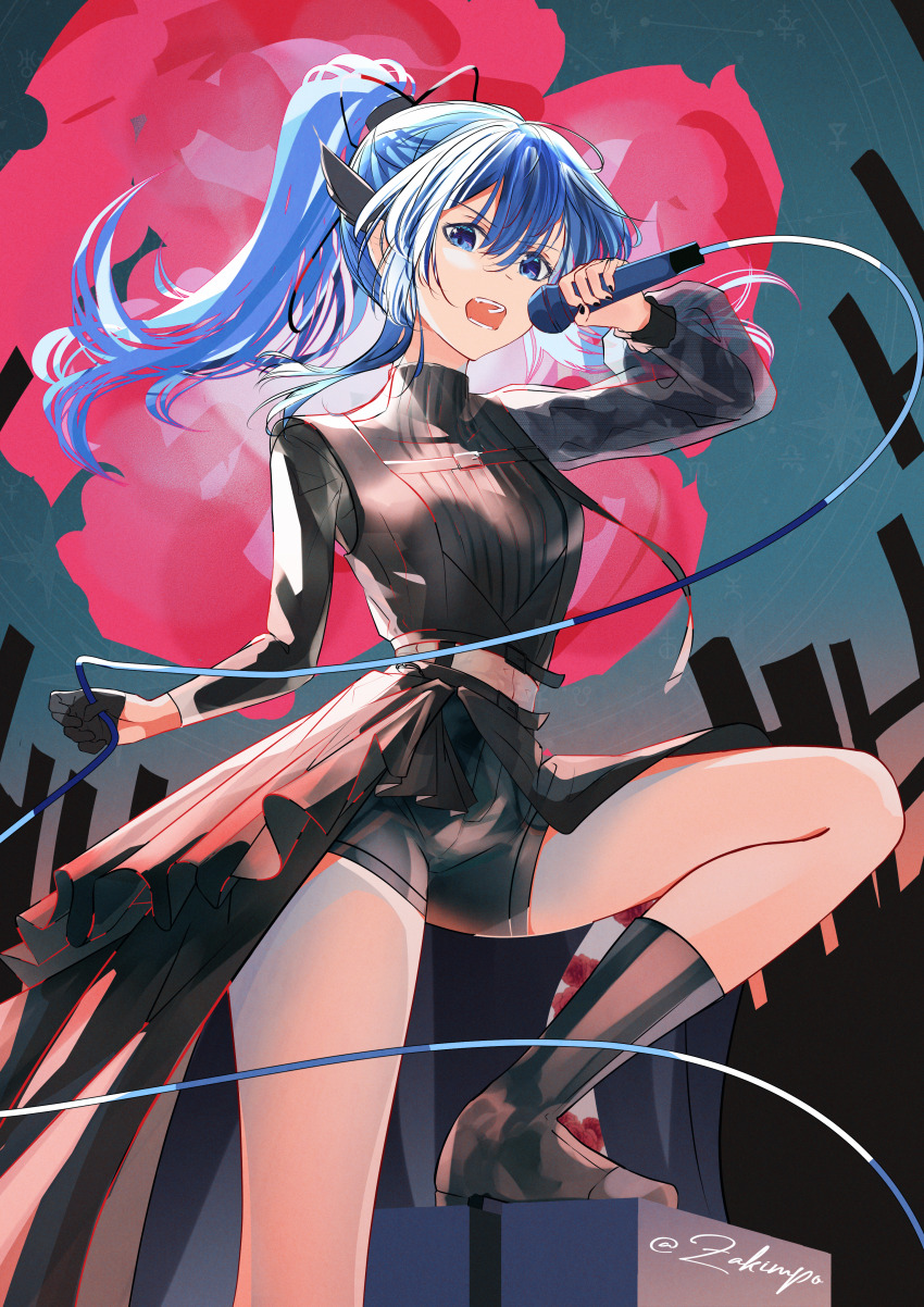 1girl absurdres black_gloves black_nails black_shorts blue_eyes blue_hair boots gloves hair_ornament half_gloves highres holding holding_microphone hololive hoshimachi_suisei hoshimachi_suisei_(shout_in_crisis) leg_up long_hair long_sleeves looking_at_viewer microphone midriff official_alternate_costume official_alternate_hairstyle open_mouth short_shorts shorts single_glove single_half_glove solo thighs turtleneck v-shaped_eyebrows virtual_youtuber wire zakimpo