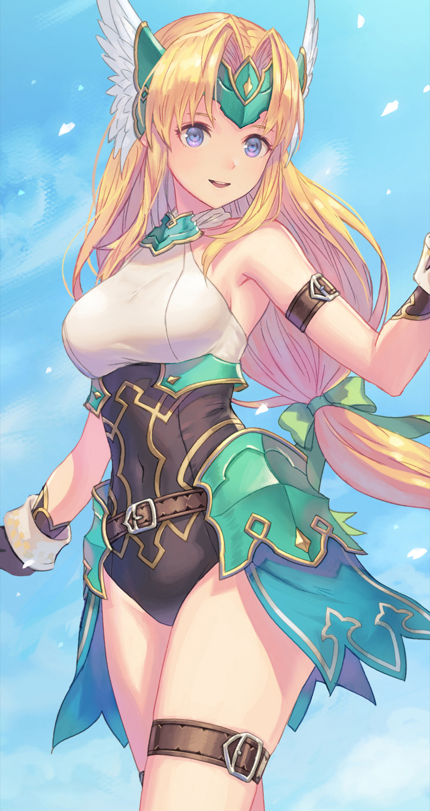 1girl absurdres anbe_yoshirou armpits bare_shoulders black_gloves black_leotard blonde_hair blue_eyes breasts gloves head_wings highres large_breasts leotard long_hair multicolored_leotard parted_lips riesz seiken_densetsu seiken_densetsu_3 smile solo teeth thigh_strap upper_teeth_only white_leotard wings