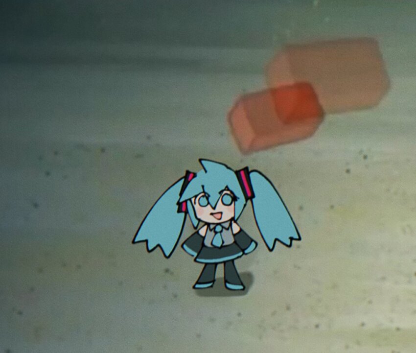 1girl afterimage aqua_eyes aqua_hair aqua_necktie black_skirt brick chibi detached_sleeves full_body grey_shirt hatsune_miku koasku long_hair looking_at_viewer necktie open_mouth parody scene_reference shirt skirt smile solo spongebob_squarepants_(series) standing thrown twintails vocaloid