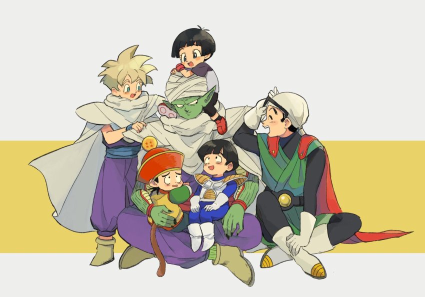 1girl 5boys black_hair blonde_hair blue_sash boots cape child closed_mouth colored_skin dragon_ball dragon_ball_(object) dragon_ball_super dragon_ball_super_super_hero dragonball_z father_and_daughter gloves great_saiyaman green_skin hat highres j_ooey monkey_tail multiple_boys multiple_persona open_mouth pan_(dragon_ball) piccolo red_cape red_gloves red_sash saiyan_armor sash sitting smile son_gohan standing sunglasses super_saiyan super_saiyan_1 tail time_paradox turban white_cape white_footwear white_gloves