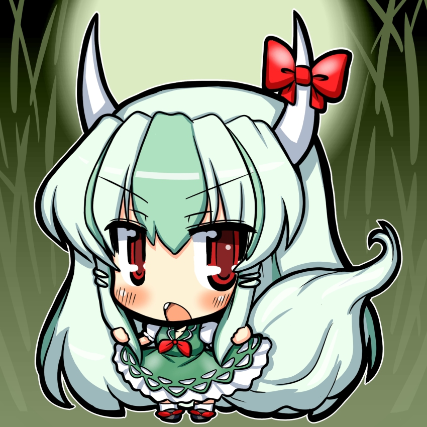 1girl blush chibi eruru_(erl) ex-keine fang female_focus full_moon green_hair highres horn_ornament horn_ribbon horns kamishirasawa_keine moon open_mouth red_eyes ribbon solo tail touhou