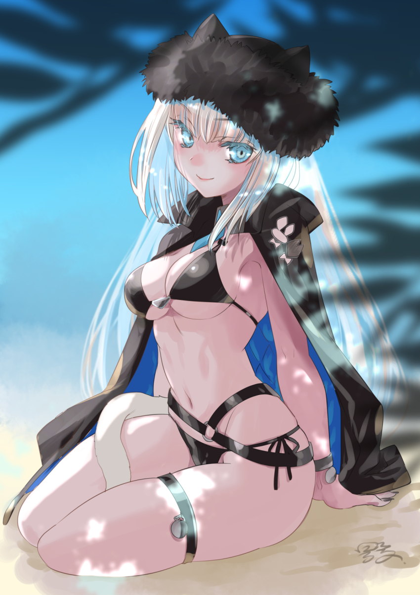 1girl animal_ears beach bikini black_bikini black_hat black_jacket black_nails blue_eyes breasts cleavage closed_mouth commentary_request day dobrynya_nikitich_(fate) dobrynya_nikitich_(swimsuit_lancer)_(fate) dobrynya_nikitich_(swimsuit_lancer)_(first_ascension)_(fate) fate/grand_order fate_(series) fingernails fur_hat hat highres jacket jacket_on_shoulders long_hair looking_at_viewer medium_breasts navel official_alternate_costume outdoors sand shikidouji signature sitting smile solo stomach swimsuit tail thighs very_long_hair white_hair