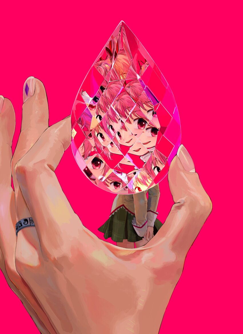 2girls absurdres akemi_homura arms_behind_back black_skirt commentary_request covering_face diamond_(gemstone) diamond_(shape) diamond_print dot_nose eye_reflection finger_marks fingernails fractal gem hair_between_eyes hair_ribbon hand_focus hand_up happy high_collar highres holding holding_gem jewelry kaname_madoka lace lace-trimmed_shirt lace-trimmed_sleeves lace_trim light_smile long_sleeves looking_at_viewer looking_back mahou_shoujo_madoka_magica mahou_shoujo_madoka_magica_(anime) mihifu mitakihara_school_uniform multiple_girls object_focus out_of_frame parted_lips pink_background pink_eyes pink_gemstone pink_hair pink_ribbon plaid_clothes plaid_skirt pleated_skirt pov pov_hands realistic recursion reflection reflection_focus ribbon ring school_uniform shirt sidelocks simple_background skirt solo_focus soul_gem standing surreal symbolism tareme teeth thighs upper_teeth_only yellow_shirt