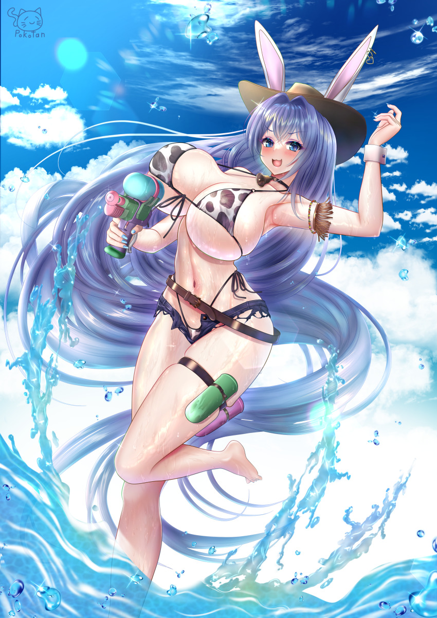 1girl absurdres animal_ears animal_print azur_lane bikini blue_eyes bouncing_breasts breasts cleavage cloud cow_print cow_print_bikini day dutch_angle fake_animal_ears from_below front-tie_bikini_top front-tie_top highres holding holding_water_gun holster huge_breasts leg_up looking_at_viewer nail_polish navel new_jersey_(azur_lane) open_mouth outdoors print_bikini purple_hair rabbit_ears shorts solo standing standing_on_one_leg studiopokotan swimsuit thigh_holster thigh_strap torn_clothes torn_shorts underboob water water_gun