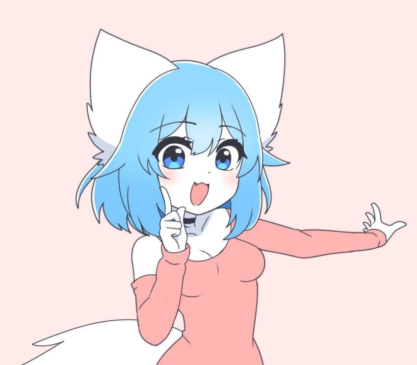 1girl :3 :d animal_ears bare_shoulders black_choker blue_eyes blue_hair blush breasts choker cleavage collarbone colored_skin commentary dot_nose english_commentary fang furry furry_female hair_between_eyes hoshino_ruby_dance index_finger_raised indie_virtual_youtuber long_sleeves looking_at_viewer medium_breasts off-shoulder_shirt off_shoulder open_mouth oshi_no_ko outstretched_arm pink_background pink_shirt shirt simple_background smile solo tail thick_eyelashes upper_body virtual_youtuber white_fur wolf_ears wolf_girl wolf_tail wolfychu wolfychu_(artist)