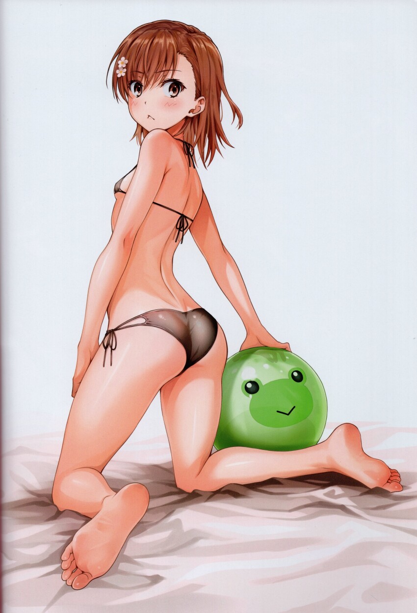 1girl absurdres ass ball bare_shoulders barefoot bed_sheet bikini blush breasts brown_eyes brown_hair closed_mouth feet female_focus from_behind full_body hair_ornament highres isshi_pyuma kneeling legs looking_at_viewer looking_back misaka_mikoto scan short_hair small_breasts soles solo swimsuit thighs toaru_kagaku_no_railgun toaru_majutsu_no_index toes