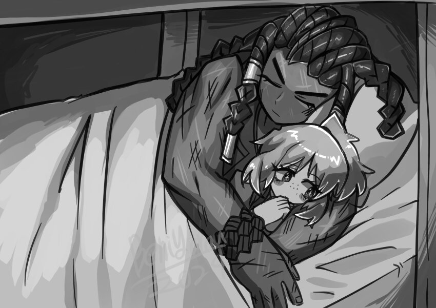 +_+ 2girls absurdres bed beniyarou blanket dark-skinned_female dark_skin dreadlocks highres hug ishmael_(project_moon) limbus_company load_bearing_vest long_hair multiple_girls on_bed pillow ponytail project_moon queequeg_(project_moon) rope scar scar_on_arm scar_on_face short_hair signature size_difference sleeping under_covers yuri