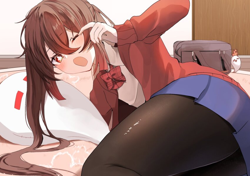 1girl ass bag black_pantyhose blue_skirt blush boo_tao_(genshin_impact) brown_hair flower-shaped_pupils genshin_impact hair_between_eyes highres hu_tao_(genshin_impact) jacket long_hair long_sleeves looking_at_viewer open_mouth pantyhose red_eyes red_jacket roa_inu skirt solo sweater_jacket symbol-shaped_pupils very_long_hair waking_up