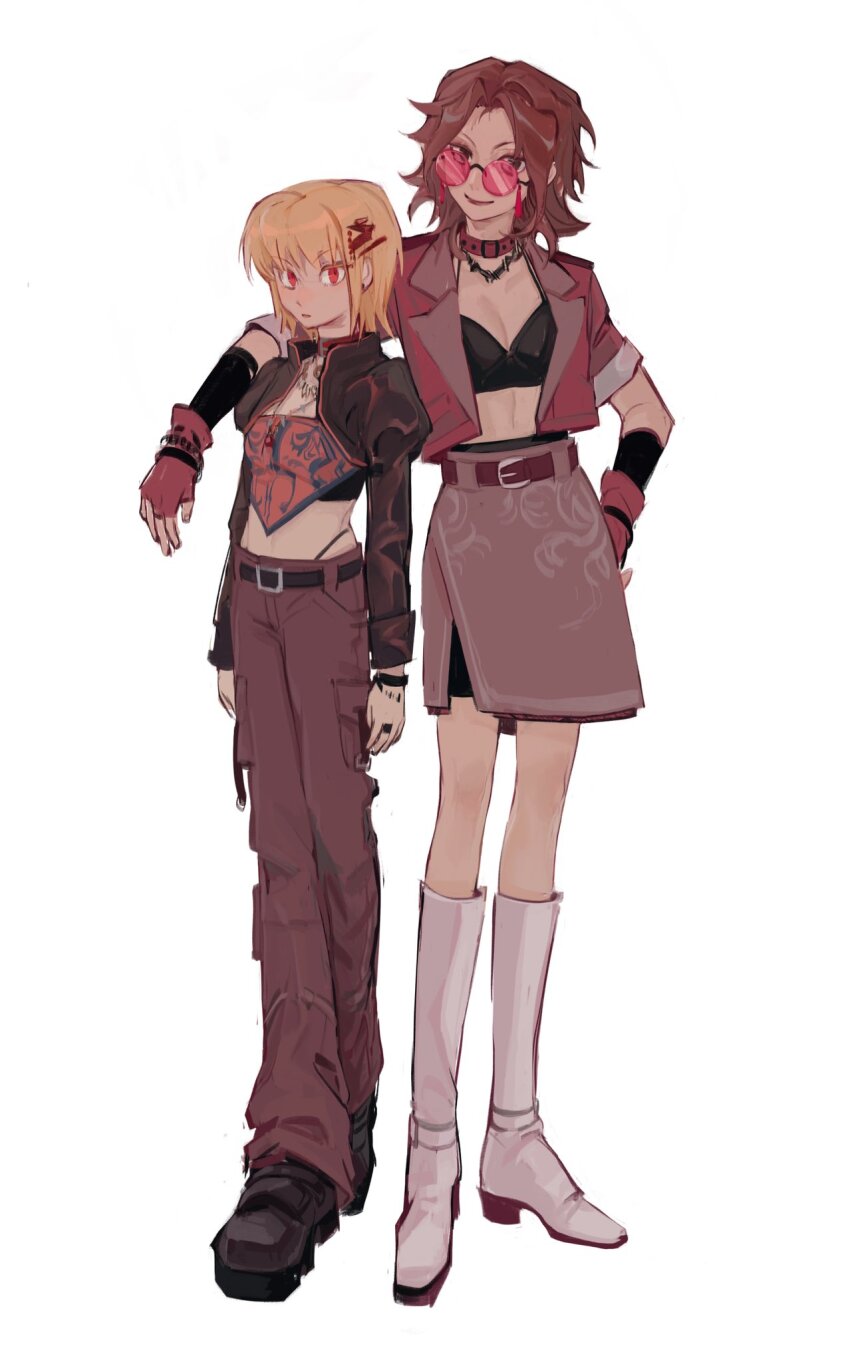 2girls alternate_costume androgynous arm_on_another&#039;s_shoulder black_arm_warmers black_bra black_footwear black_jacket blonde_hair boots bra brown_eyes brown_hair choker crop_top cropped_jacket fingerless_gloves full_body genderswap genderswap_(mtf) gloves hair_ornament hairclip hand_on_own_hip highres hunter_x_hunter ik18166181ik jacket jewelry kurapika leorio_paladiknight looking_at_viewer medium_hair multiple_girls navel necklace pants panty_straps purple_skirt red_eyes red_gloves red_jacket red_pants red_shirt ring round_eyewear shirt simple_background skirt smile standing thigh_boots underwear white_background white_footwear