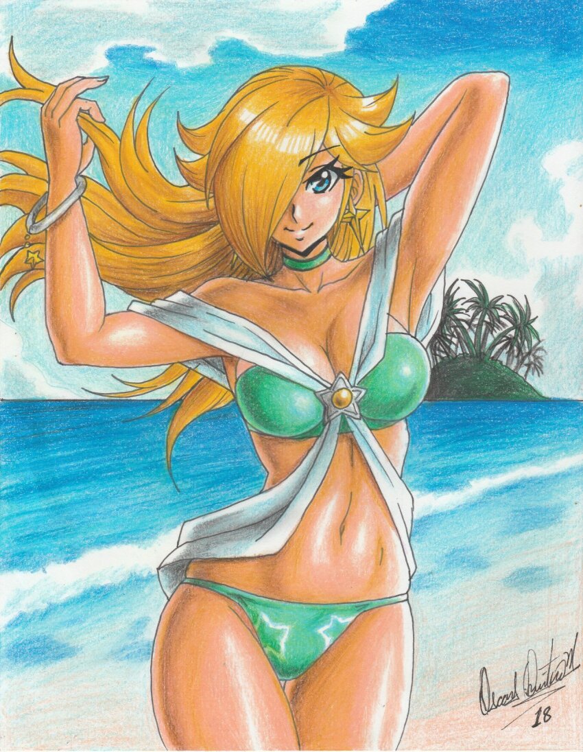 1girl 2018 arm_behind_head arms_up beach bikini blonde_hair blue_eyes bracelet choker hair_over_one_eye highres island jewelry mario_(series) navel nintendo ocean ravernclouk_design rosalina seashore smile star_(symbol) star_print super_mario_galaxy swimsuit traditional_media turquoise_bikini