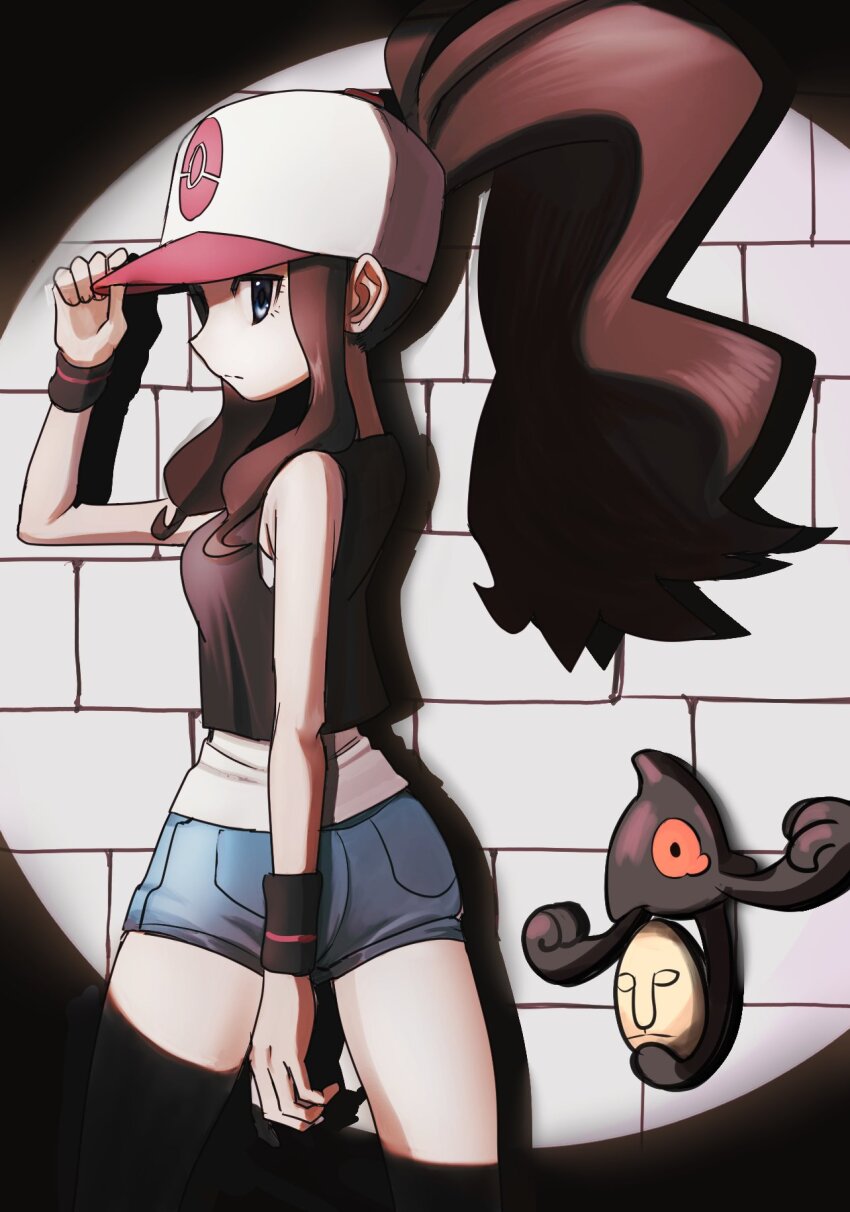 1girl asamaru1225 black_vest black_wristband brown_hair closed_mouth creatures_(company) game_freak gen_5_pokemon hand_on_headwear hat high_ponytail highres hilda_(pokemon) long_hair looking_back nintendo pokemon pokemon_(creature) pokemon_bw shirt short_shorts shorts sleeveless sleeveless_shirt spotlight vest white_hat white_shirt yamask