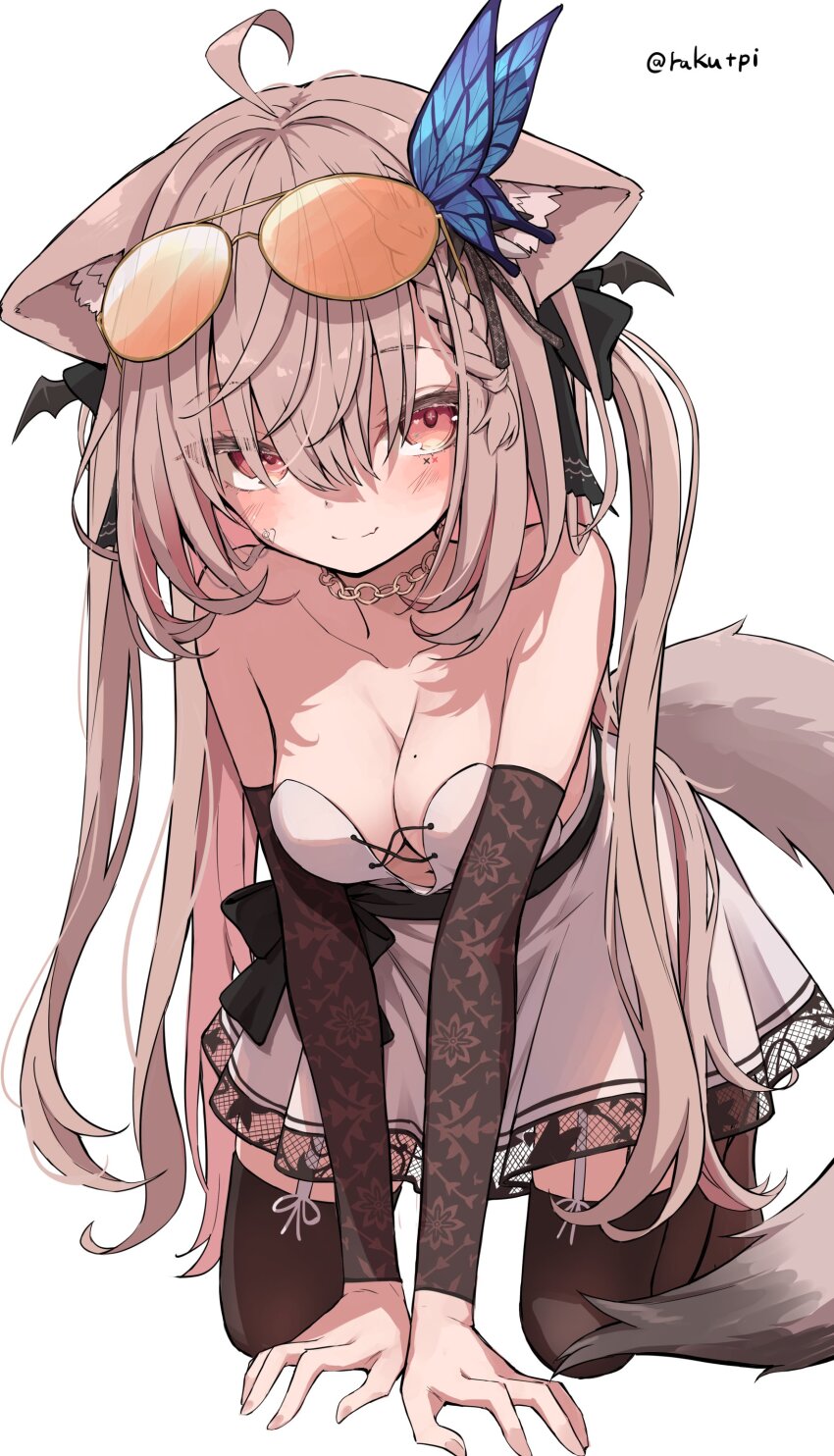 1girl absurdres all_fours animal_ear_fluff animal_ears bare_shoulders black_ribbon blush braid breasts brown_hair choker cleavage closed_mouth commission detached_sleeves dress eyewear_on_head facial_mark garter_straps hair_between_eyes hair_ornament hair_ribbon hamigakikoice highres long_hair looking_at_viewer medium_breasts mole mole_on_breast original pink_eyes ribbon side_braid simple_background skeb_commission solo sunglasses tail thighhighs twitter_username two_side_up very_long_hair white_background white_dress