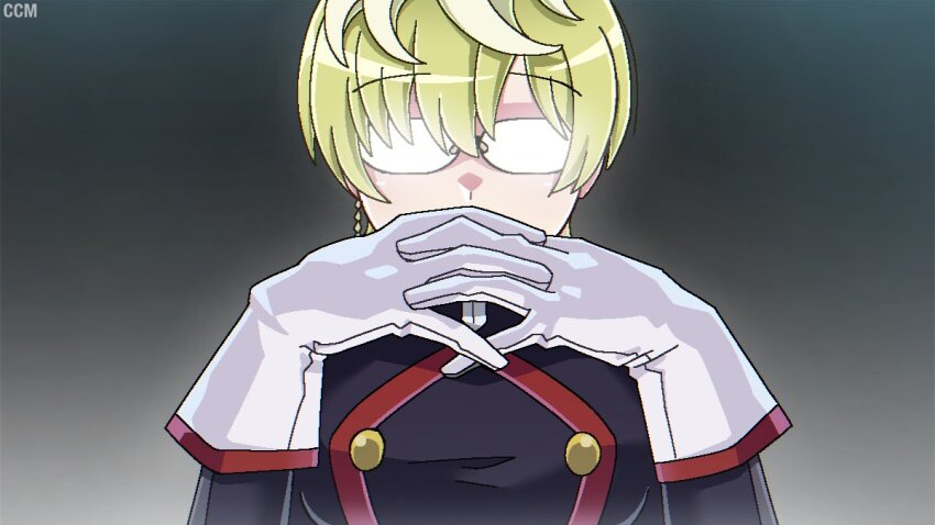 1girl blonde_hair breasts eyebrows_hidden_by_hair gendou_pose glasses gloves gradient_background grey_background hair_between_eyes hands_clasped izumo_tenka large_breasts looking_at_viewer mato_seihei_no_slave military_uniform multicolored_hair neon_genesis_evangelion own_hands_clasped own_hands_together parody short_hair solo style_parody two-tone_hair upper_body white_gloves white_hair