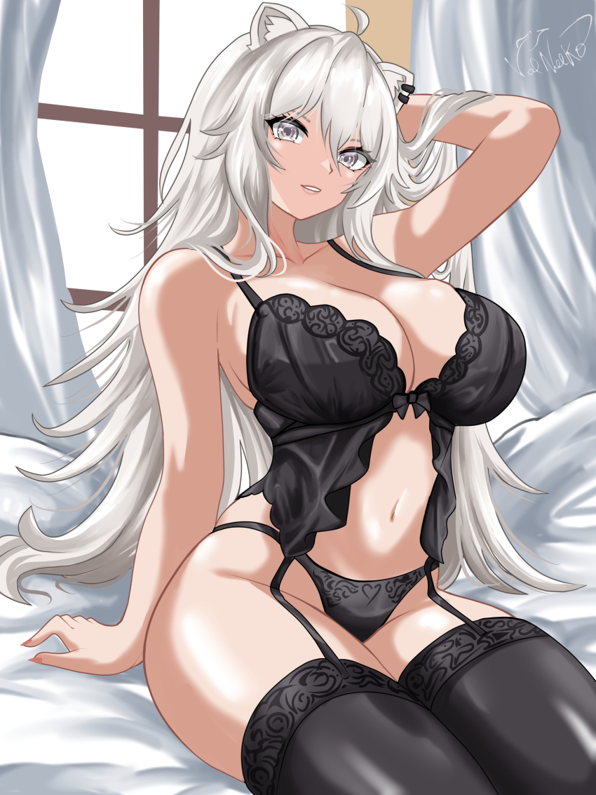 1girl absurdres animal_ear_piercing animal_ears arm_up armpit_crease breasts closed_mouth curtains dark_skin garter_straps grey_eyes groin hair_over_shoulder hand_in_own_hair highres hololive large_breasts lingerie lion_ears long_hair looking_at_viewer nail_polish navel on_bed pink_nails shishiro_botan sitting smile solo thighhighs underwear valneeko virtual_youtuber white_hair window