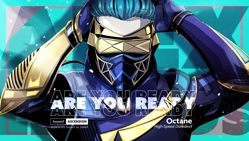 1boy apex_legends artist_name blue_bodysuit blue_gloves blue_hair bodysuit character_name dame_(dame_ice) dated fast_fashion_octane gloves hair_slicked_back hand_to_head highres male_focus mask mouth_mask octane_(apex_legends) solo upper_body