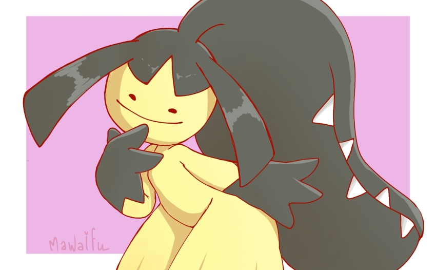 1girl arm_at_side artist_name big_hair black_eyes black_hair black_skin blank_eyes border closed_mouth colored_skin cowboy_shot creatures_(company) ditto extra_mouth female_focus flat_chest game_freak gen_1_pokemon gen_3_pokemon hand_to_own_mouth hand_up happy head_tilt leaning_forward long_hair looking_at_viewer mawaifu mawile multicolored_skin nintendo outside_border pink_background pokemon pokemon_(creature) sharp_teeth signature simple_background smile solo standing teeth thick_thighs thighs transformed_ditto two-tone_skin very_long_hair white_border yellow_skin