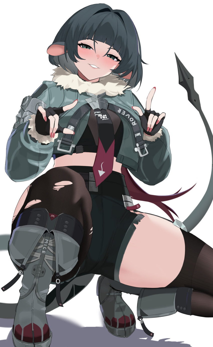 1girl 4kebidayo absurdres animal_ears black_gloves black_necktie black_pantyhose black_shorts black_thighhighs blush commentary fingerless_gloves fingernails fur-trimmed_jacket fur_trim gloves green_eyes grey_footwear grey_jacket highres jacket jane_doe_(zenless_zone_zero) long_hair looking_at_viewer midriff mouse_ears mouse_girl mouse_tail nail_polish necktie pantyhose red_nails shorts simple_background single_leg_pantyhose single_thighhigh smile solo squatting tail thighhighs thighs torn_clothes torn_pantyhose white_background zenless_zone_zero