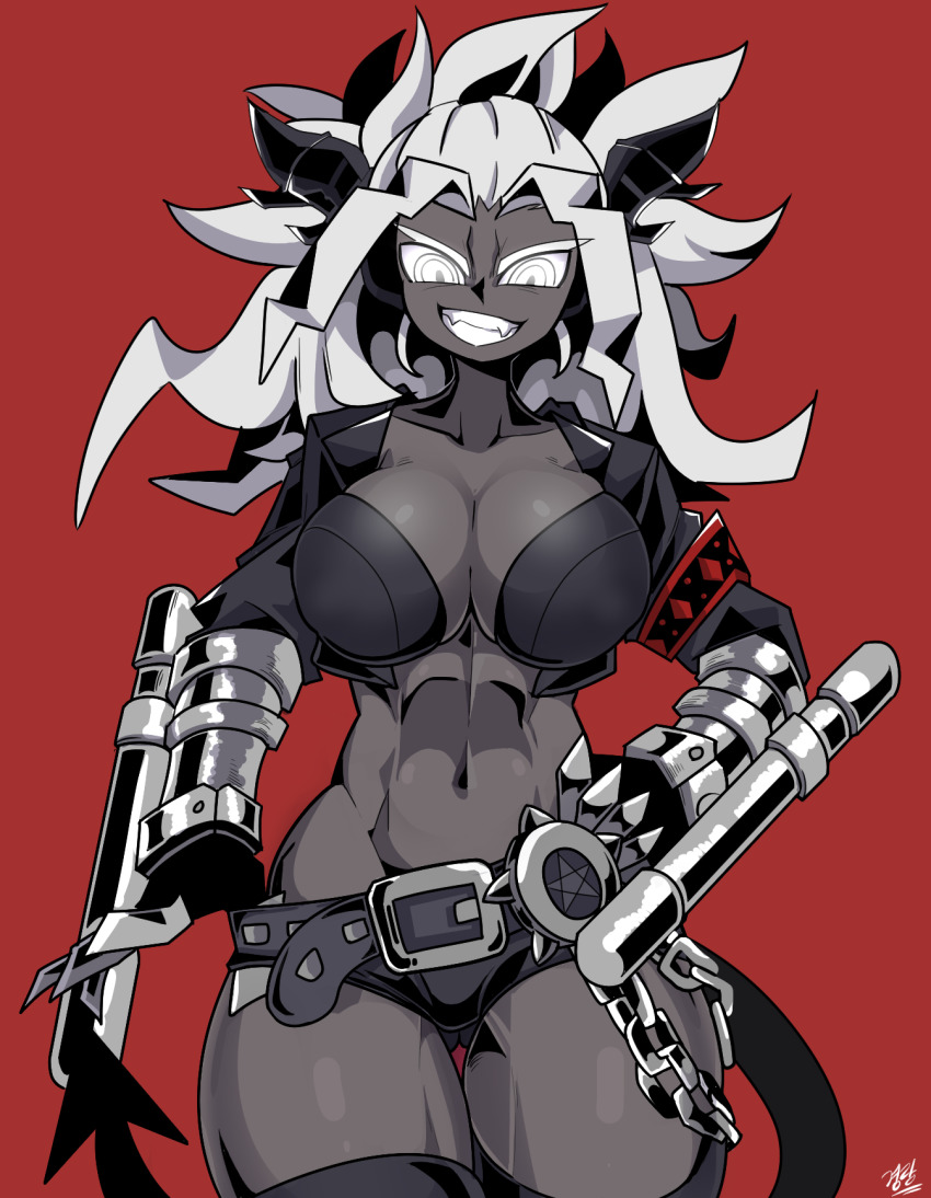 1girl armband belt black_horns breasts chain colored_skin dark-skinned_female dark_skin demon_girl demon_horns demon_tail gauntlets genman grey_skin helltaker highres horns jacket judgement_(helltaker) large_breasts long_hair looking_at_viewer muscular muscular_female navel red_background simple_background smile solo tail teeth white_eyes white_hair