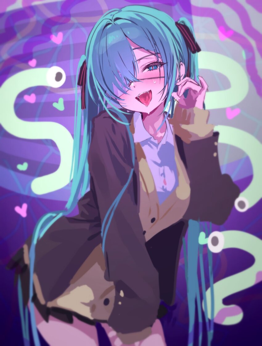 1girl :p black_jacket black_skirt blue_eyes blue_hair blush collared_shirt eyepatch hair_over_one_eye hatsune_miku highres jacket long_hair medical_eyepatch monitoring_(vocaloid) nikuya_(nikuniku_nikuya) open_clothes open_jacket shirt skirt solo sweatdrop tongue tongue_out very_long_hair vest vocaloid white_shirt yellow_vest