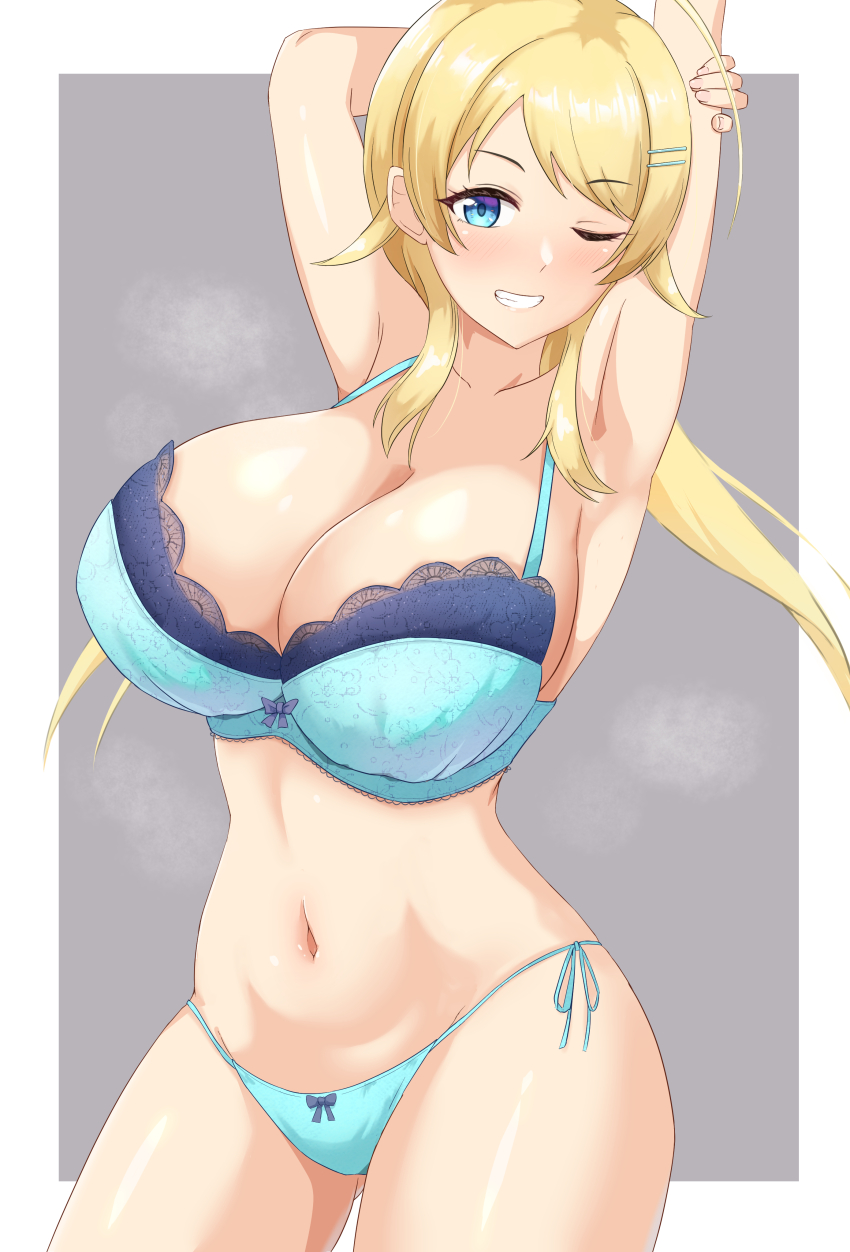 1girl absurdres armpits arms_behind_head arms_up blonde_hair blue_bra blue_panties blush bow bow_panties bra breasts cleavage collarbone commentary_request grey_background grin hachimiya_meguru highres idolmaster idolmaster_shiny_colors lace lace-trimmed_bra lace_trim large_breasts letterboxed navel panties presenting_armpit side-tie_panties sidelocks simple_background smile underwear underwear_only zhi_(papercraft8559)