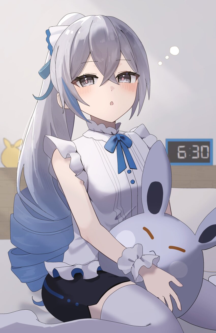 1girl :o absurdres alarm_clock black_shorts blue_bow blue_bowtie blue_hair blush bow bowtie bronya_zaychik bronya_zaychik_(herrscher_of_truth) clock commentary crossed_bangs feet_out_of_frame frilled_wrist_cuffs frills gradient_hair grey_eyes grey_hair h2o_omizu hair_between_eyes highres holding holding_stuffed_toy honkai_(series) honkai_impact_3rd looking_at_viewer multicolored_hair on_bed open_mouth pink_pupils shirt shorts single_drill sitting sleeveless sleeveless_shirt solo stuffed_toy thighhighs timestamp two-tone_hair wariza white_shirt white_thighhighs wrist_cuffs