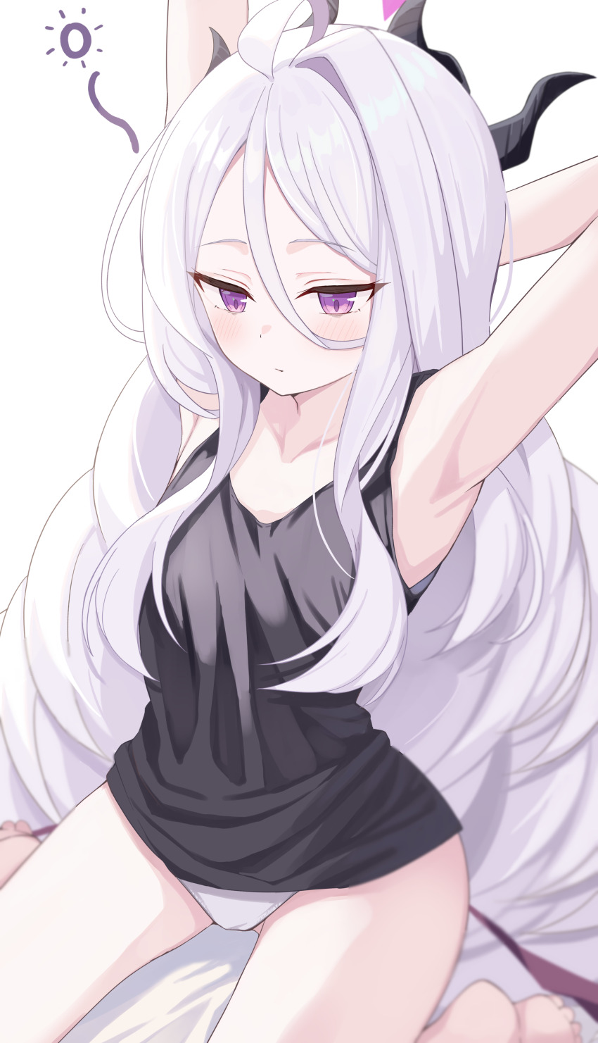 1girl absurdres armpits black_vest blue_archive demon_horns highres hina_(blue_archive) horns long_hair minamino_3730 panties presenting_armpit purple_eyes underwear vest white_background white_hair white_panties