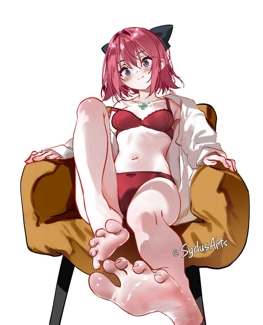 1girl barefoot blue_eyes blush bra feet highres long_hair looking_at_viewer panties red_hair soles sydus toes underwear