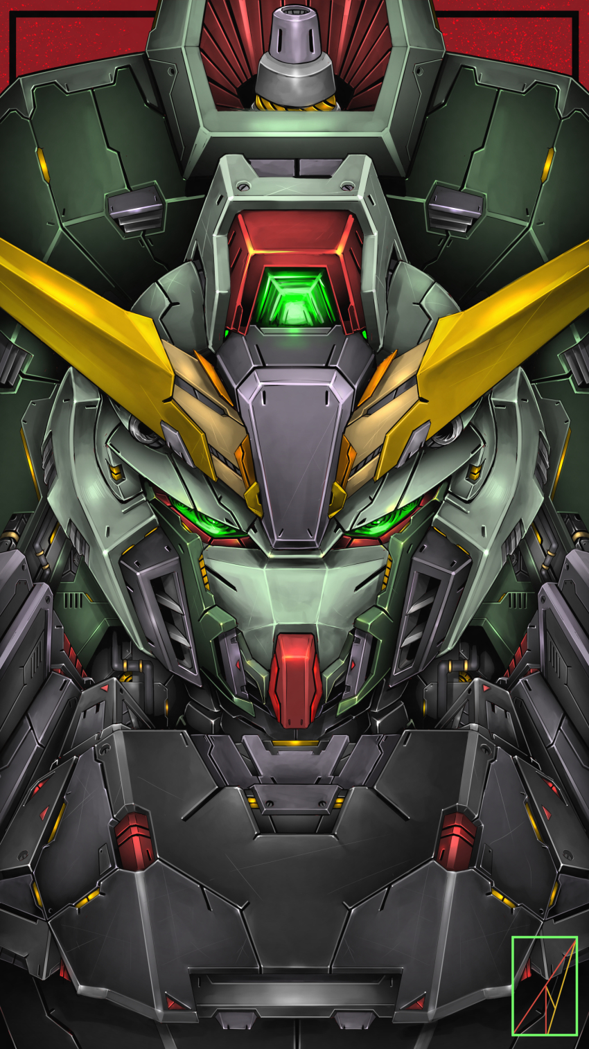 absurdres artist_logo denjyou23 forbidden_gundam green_eyes gundam gundam_seed highres looking_ahead mecha mobile_suit no_humans portrait robot science_fiction solo v-fin