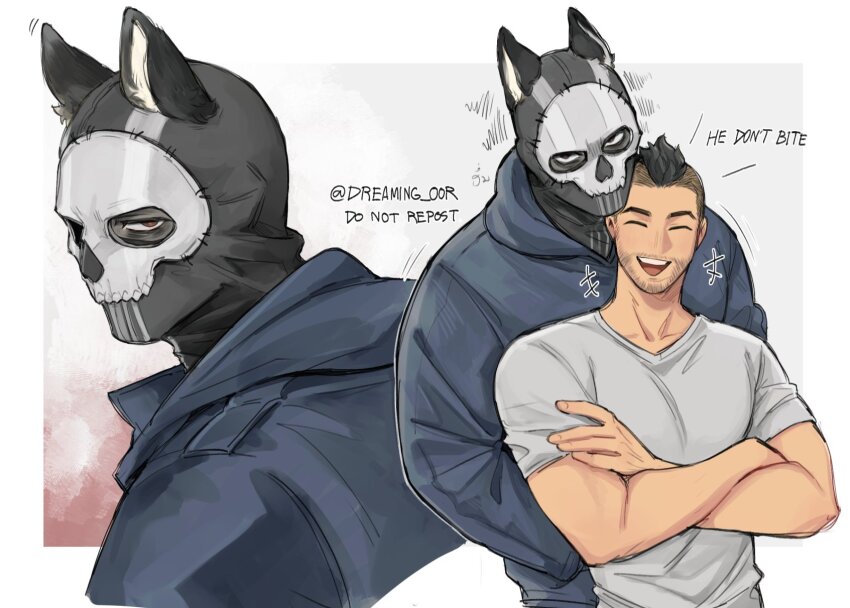 2boys animal_ears bara black_hoodie call_of_duty call_of_duty:_modern_warfare_2 closed_eyes couple crossed_arms dreaming_oor english_text facial_hair ghost_(modern_warfare_2) highres hood hood_down hoodie looking_at_viewer male_focus mask multiple_boys muscular muscular_male open_mouth shirt skull_mask smile soap_(modern_warfare_2) twitter_username white_shirt wolf_boy wolf_ears yaoi