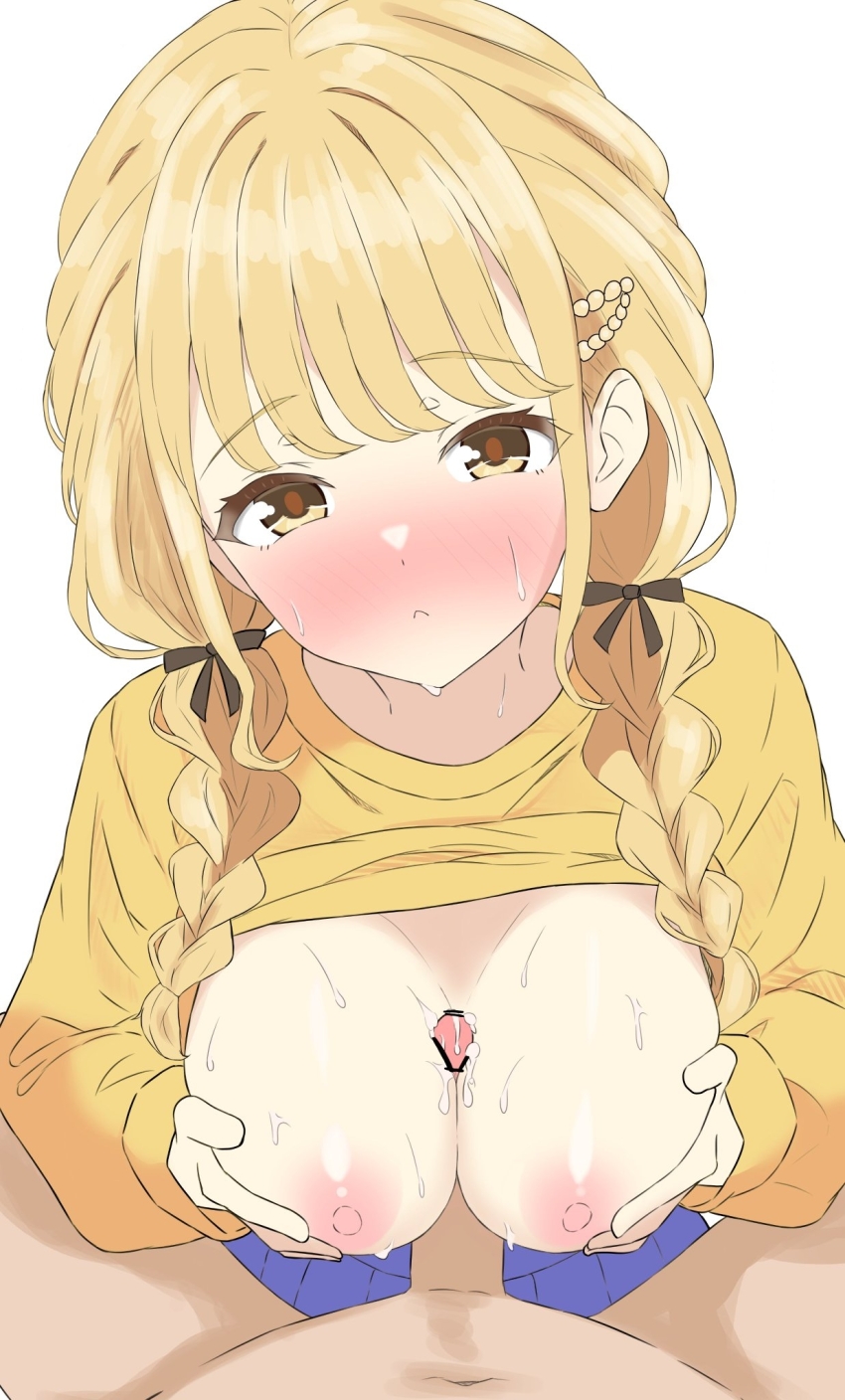 1boy 1girl bar_censor blonde_hair blue_skirt blunt_bangs blush bow braid breasts breasts_out censored closed_mouth clothes_lift commentary_request cum cum_on_body cum_on_breasts cum_on_upper_body frown fujita_kotone gakuen_idolmaster hair_ornament hetero highres idolmaster large_breasts long_hair long_sleeves looking_at_viewer medium_hair navel nipples paizuri penis pov ribbon shirt shirt_lift simple_background skirt solo_focus sweat tareme twin_braids twintails upper_body watti3600 white_background yellow_eyes yellow_shirt