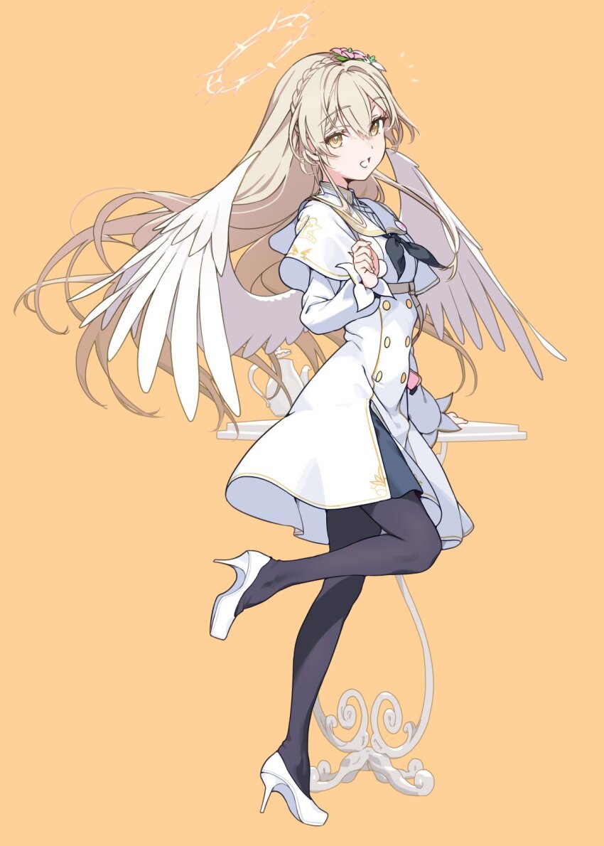 1girl angel_wings black_leggings black_neckerchief blue_archive braid capelet crown_braid dress flower full_body haimura_kiyotaka hair_between_eyes hair_flower hair_ornament halo hand_on_table high_heels highres leg_up leggings light_brown_hair long_hair long_sleeves looking_at_viewer nagisa_(blue_archive) neckerchief open_mouth puffy_long_sleeves puffy_sleeves simple_background smile standing table white_capelet wings yellow_eyes