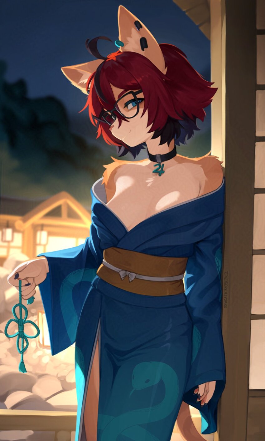 1girl aeiou_(yoako) animal_ears animal_nose bare_shoulders black-framed_eyewear black_choker black_hair body_fur breasts cat_ears cat_girl cat_tail choker furry furry_female glasses highres multicolored_hair original red_hair short_hair smile solo tail two-tone_hair yoako