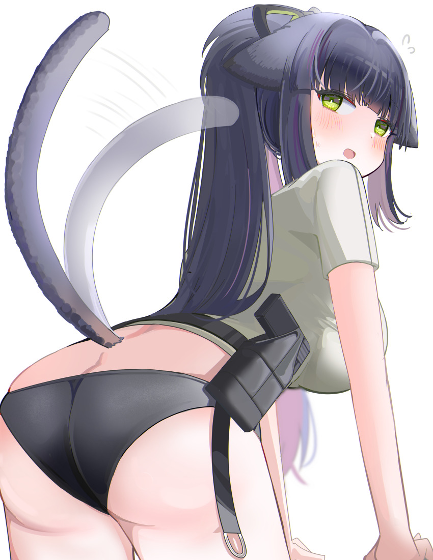 1girl absurdres animal_ears arknights ass black_hair black_panties black_tail blush bright_pupils colored_inner_hair cowboy_shot flying_sweatdrops green_eyes grey_shirt gun handgun highres holster holstered jessica_(arknights) motion_lines multicolored_hair no_pants open_mouth panties pink_hair purple_hair shirt short_sleeves simple_background solo spam_(spamham4506) standing sweatdrop t-shirt tail tail_raised tail_wagging underwear weapon white_background white_pupils