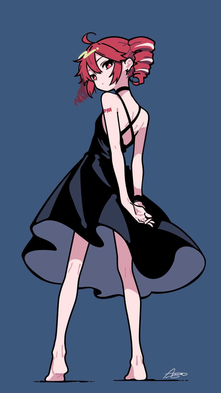 1girl ahoge alternate_costume ameniwa arm_behind_back bare_shoulders black_dress blue_background bright_pupils closed_mouth dress drill_hair earrings from_behind full_body hair_between_eyes highres jewelry kasane_teto kasane_teto_(sv) looking_at_viewer looking_back red_eyes red_hair simple_background solo standing synthesizer_v twin_drills utau white_pupils