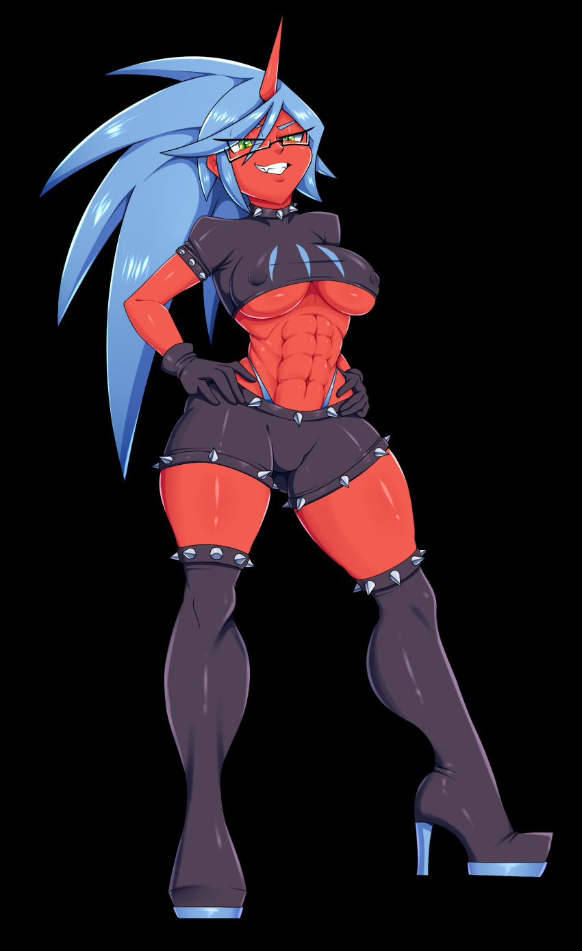 1girl abs absurdres black_gloves blue_hair boots breasts colored_skin covered_erect_nipples crop_top demon_girl full_body glasses gloves green_eyes grin hands_on_own_hips high_heel_boots high_heels highres horns kneesocks_(psg) large_breasts long_hair looking_at_viewer mehdrawings midriff panty_&amp;_stocking_with_garterbelt red_skin short_sleeves shorts single_horn smile solo standing teeth thigh_boots thighhighs transparent_background underboob